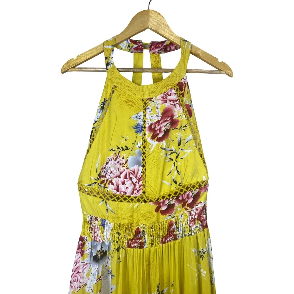 Jaase Yellow Floral Halter‎ Maxi Dress XL Crochet Smocked Vacay Tropical Boho